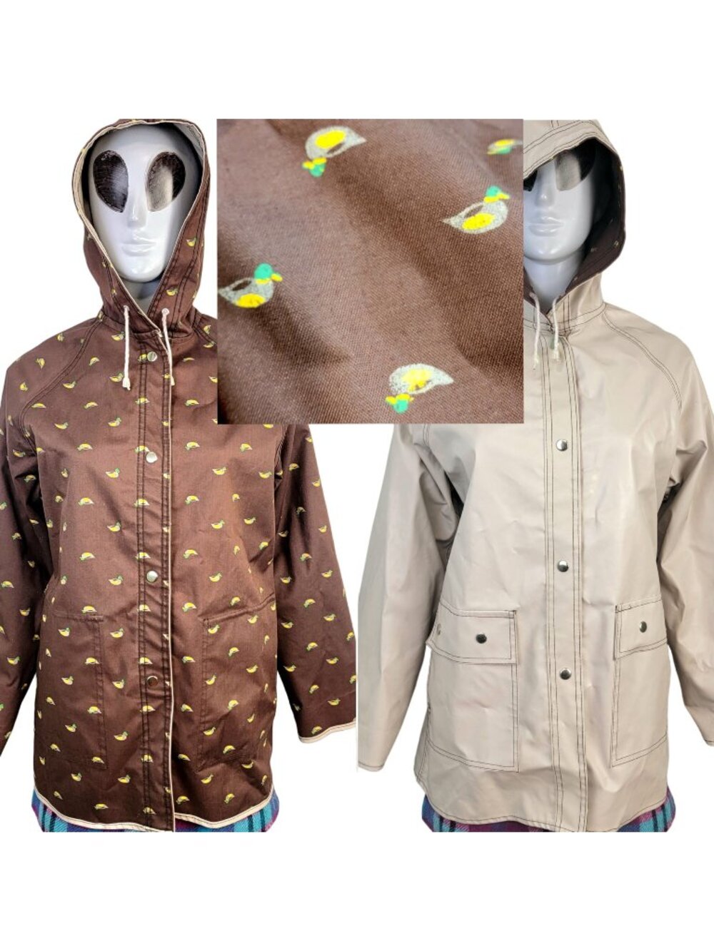 Vintage 80s Reversible Duck Raincoat Women Large Brown Beige Jacket Coat Snap 12